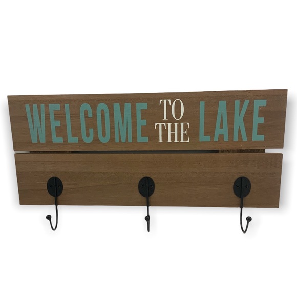 Tenex Other - Welcome To The Lake Wall Mount Hook Rack Wood 3 Metal Hooks